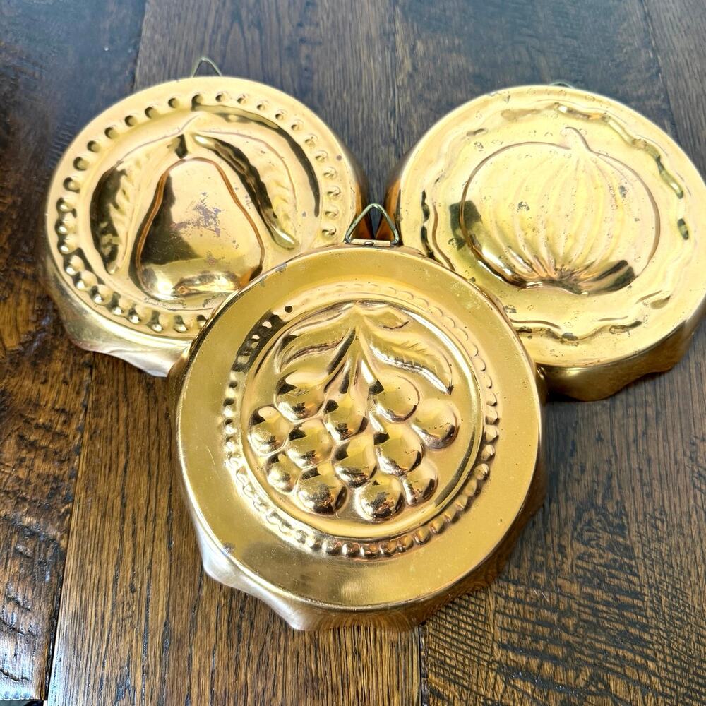 Vintage Set of 3 Copper Molds Embossed Fruit Designs Scalloped Edges, Wall Decor